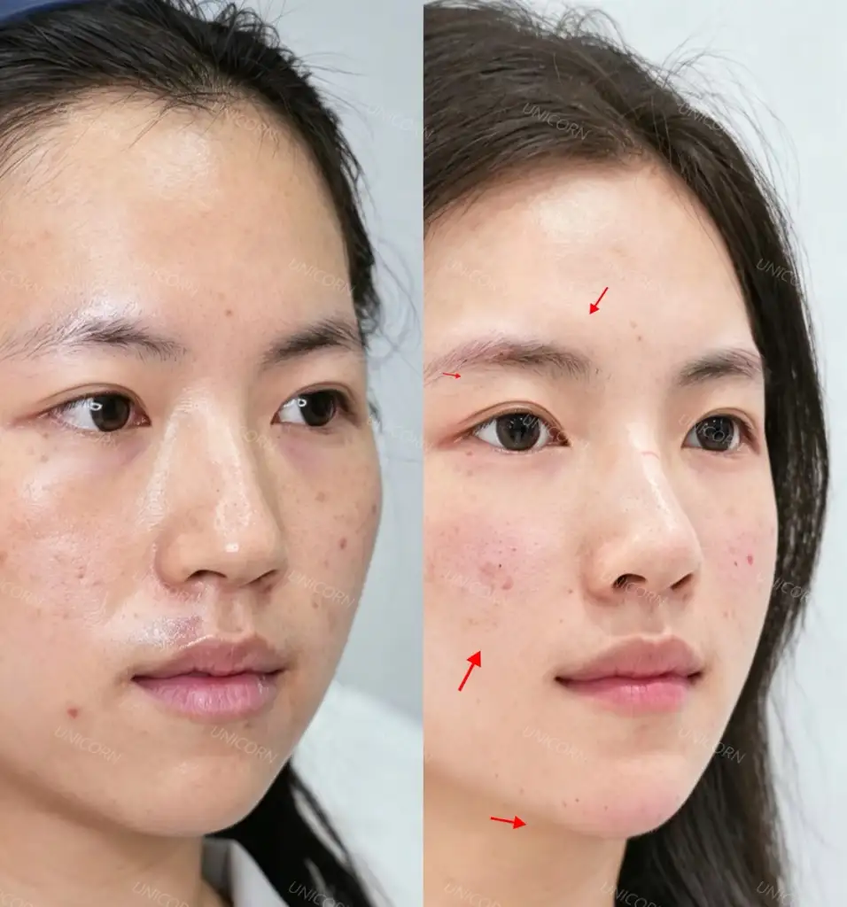 Face-lift with Botox. Before left, after right; the arrows mark the lifted areas.
