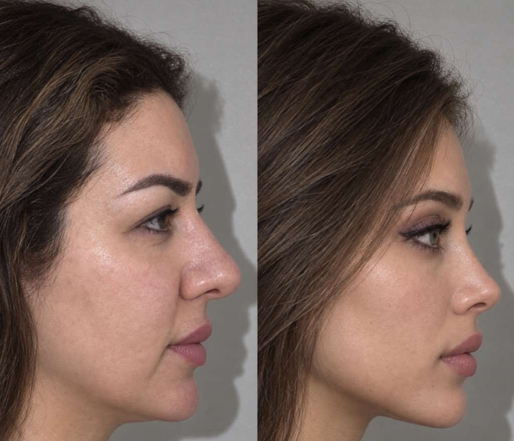 Face in profile before and after masseter Botox